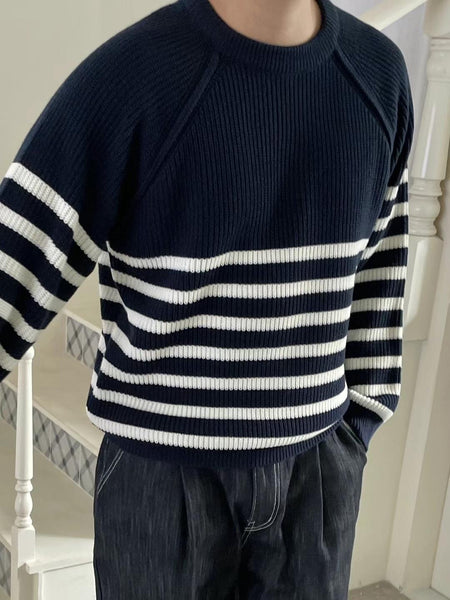 Striped round knit [navy]
