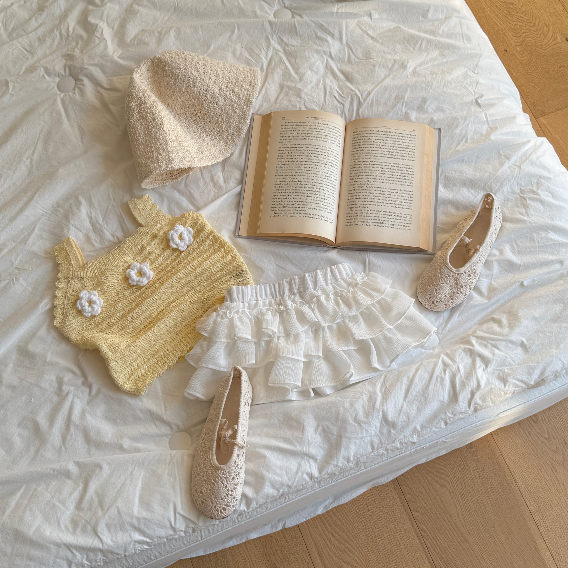 Korean kids outfits including a hat, bag, and shoes